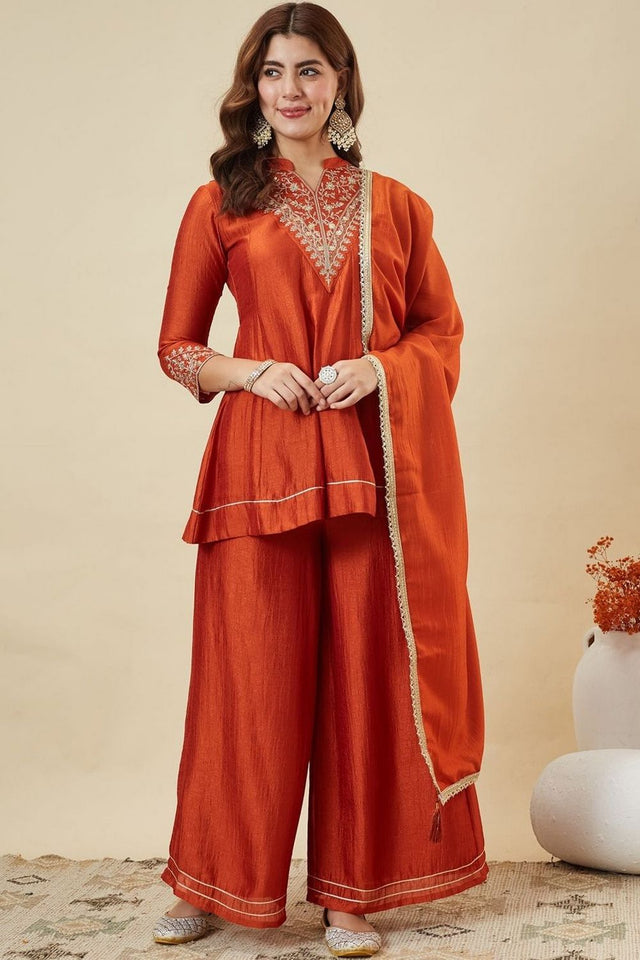 Orange Floral Embroidered Silk Palazzo Suit (ACB1924)