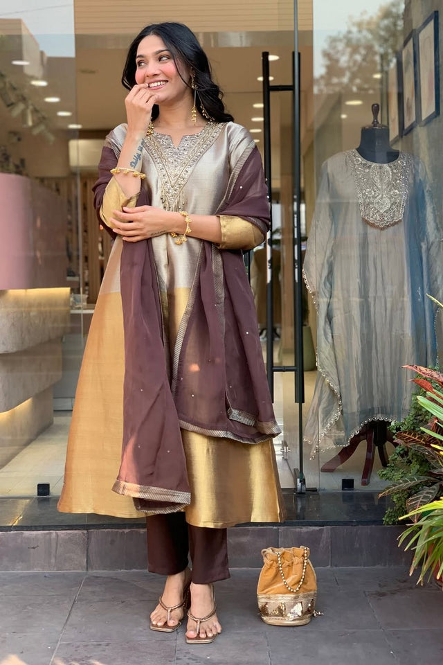 Grey Floral Embroidered Viscose Straight Cut Suit (ACB1926)