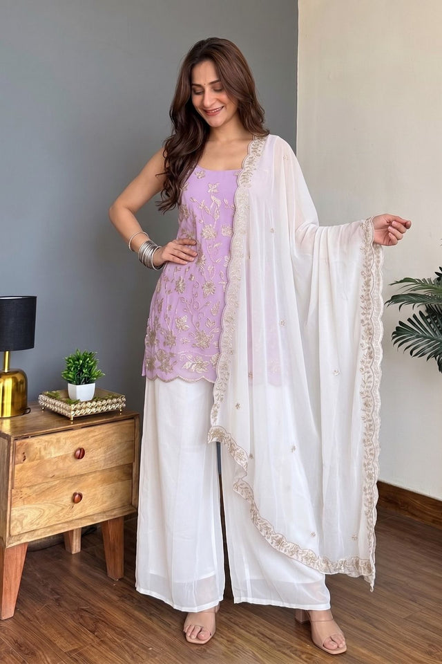 Lavender Floral Embroidered Georgette Palazzo Suit (ACB1930)