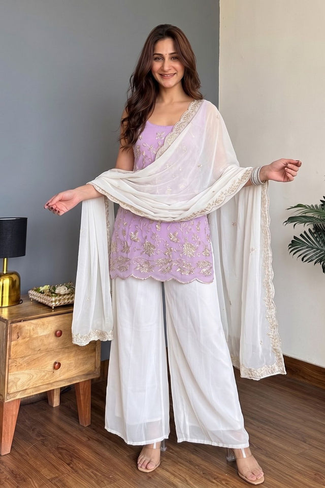 Lavender Floral Embroidered Georgette Palazzo Suit (ACB1930)