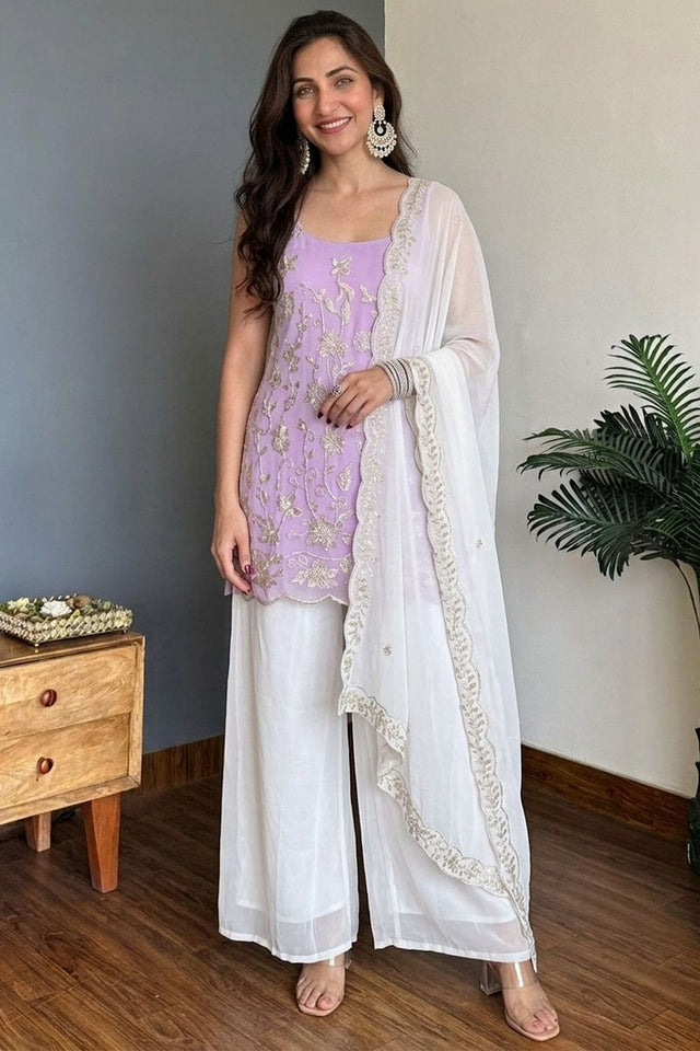 Lavender Floral Embroidered Georgette Palazzo Suit (ACB1930)