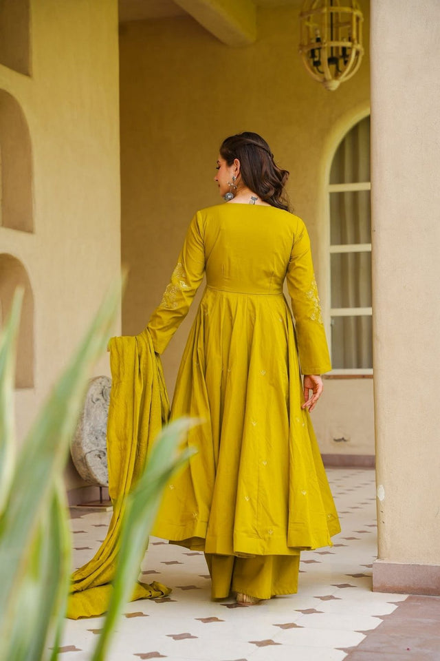 Mustard Embroidered Chanderi Anarkali Suit (ACB1931)