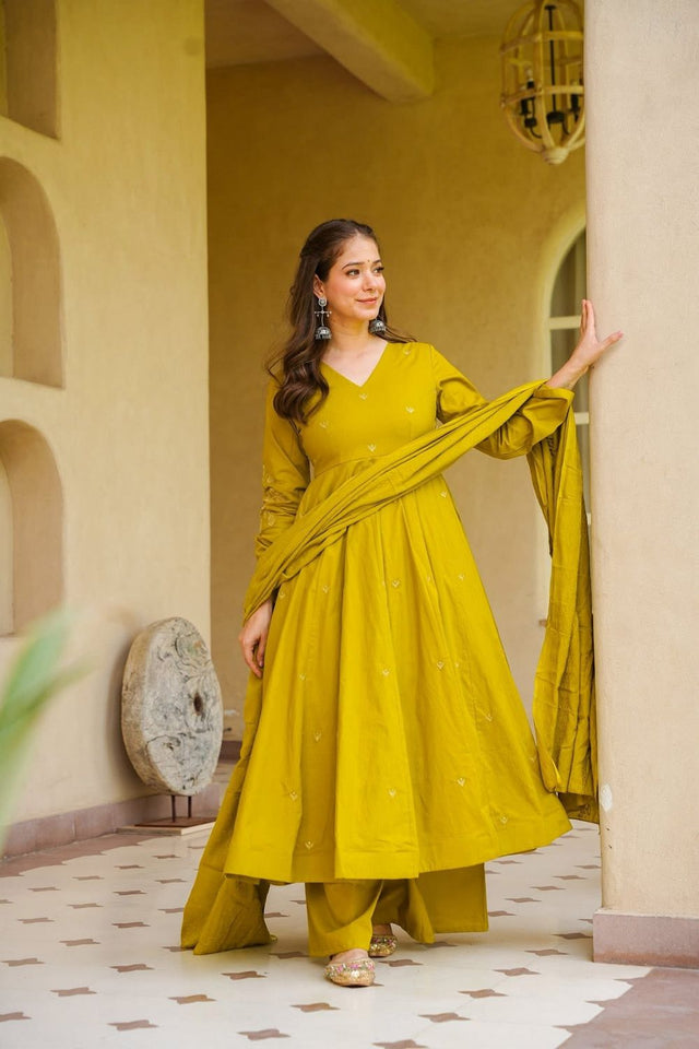 Mustard Embroidered Chanderi Anarkali Suit (ACB1931)