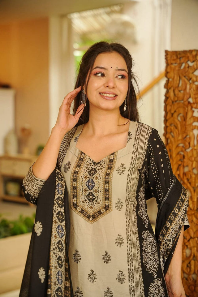 Beige Printed Rayon Straight Cut Suit (ACB1933)