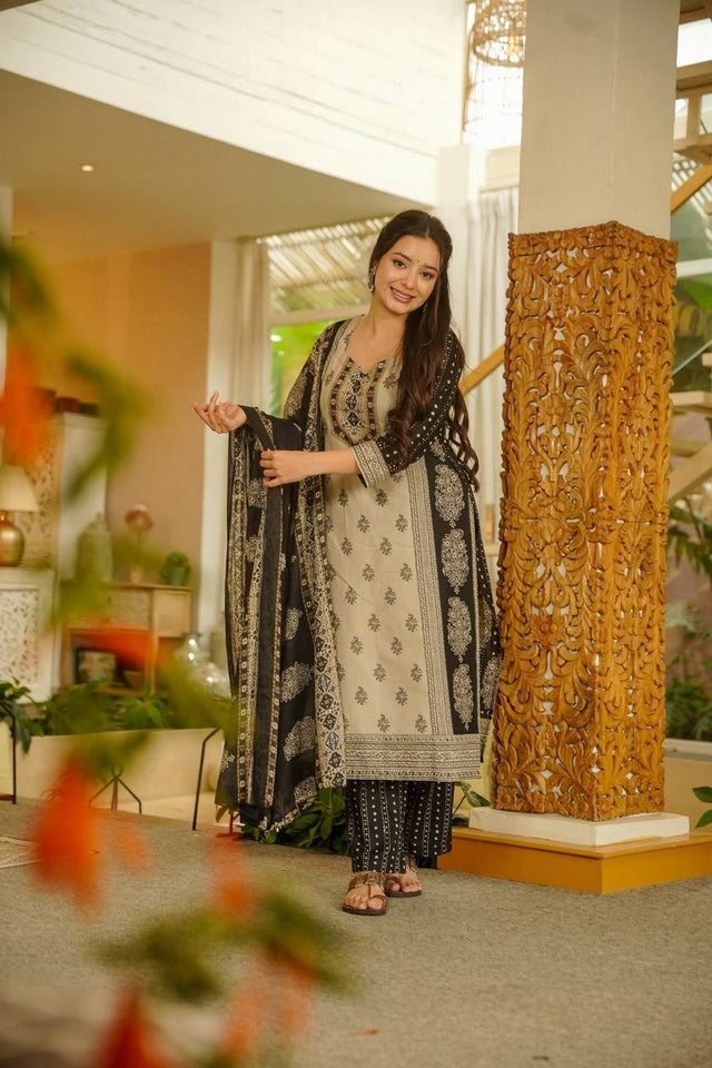 Beige Printed Rayon Straight Cut Suit (ACB1933)