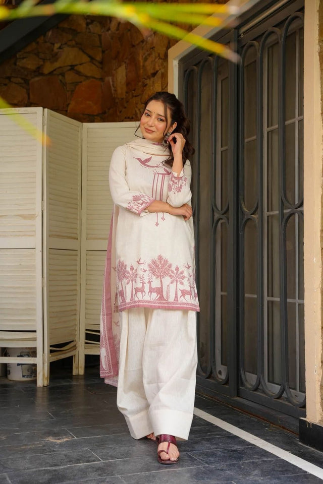 Off-White Printed Cotton Palazzo Suit (ACB1934)