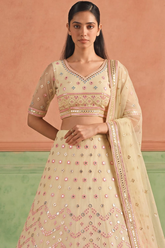 Yellow Mirror Work with Embroidered Organza Lehenga (ACB1939)