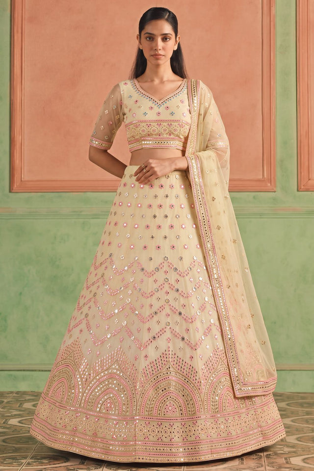 Yellow Mirror Work with Embroidered Organza Lehenga (ACB1939)