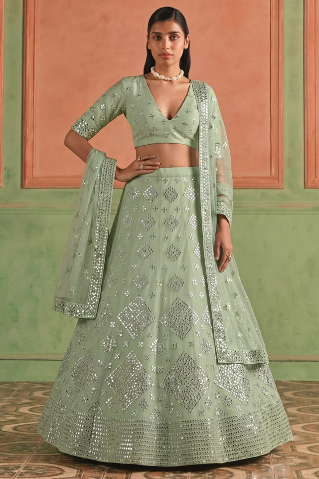 Green Mirror Work Organza Lehenga (ACB1941)