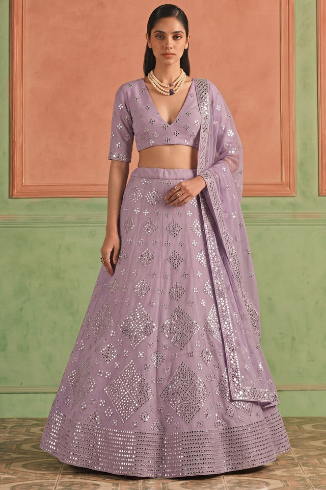 Purple Mirror Work Organza Lehenga (ACB1942)