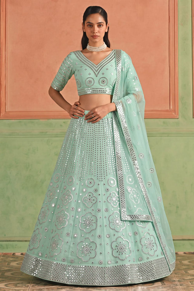 Blue Mirror Work Organza Lehenga (ACB1944)