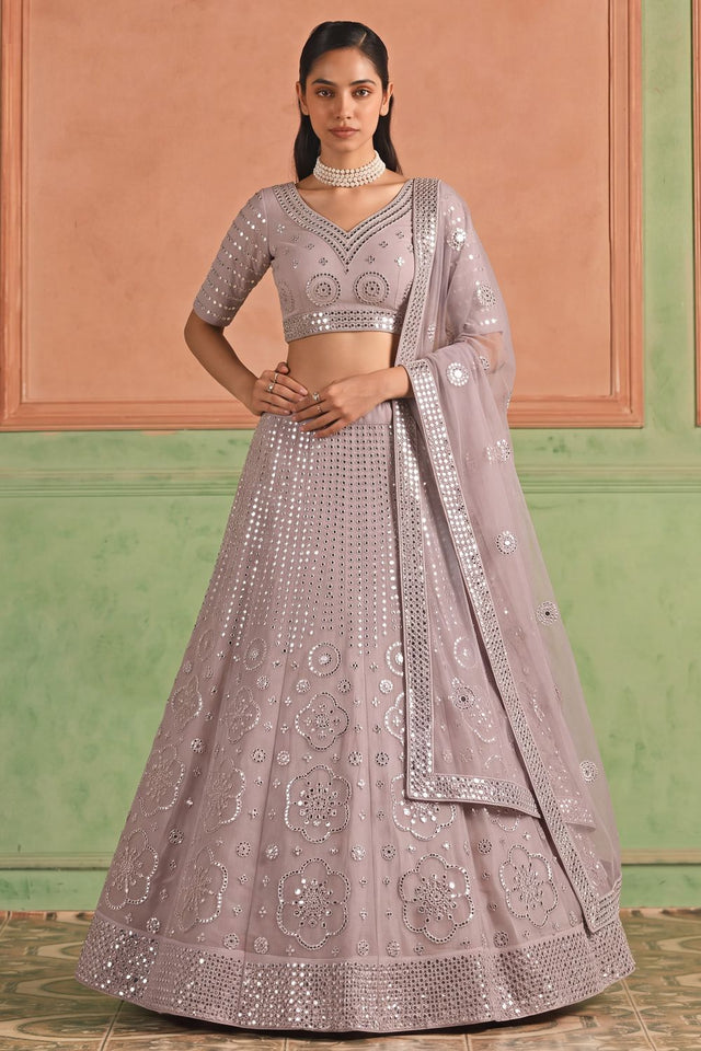 Purple Mirror Work Organza Lehenga (ACB1945)