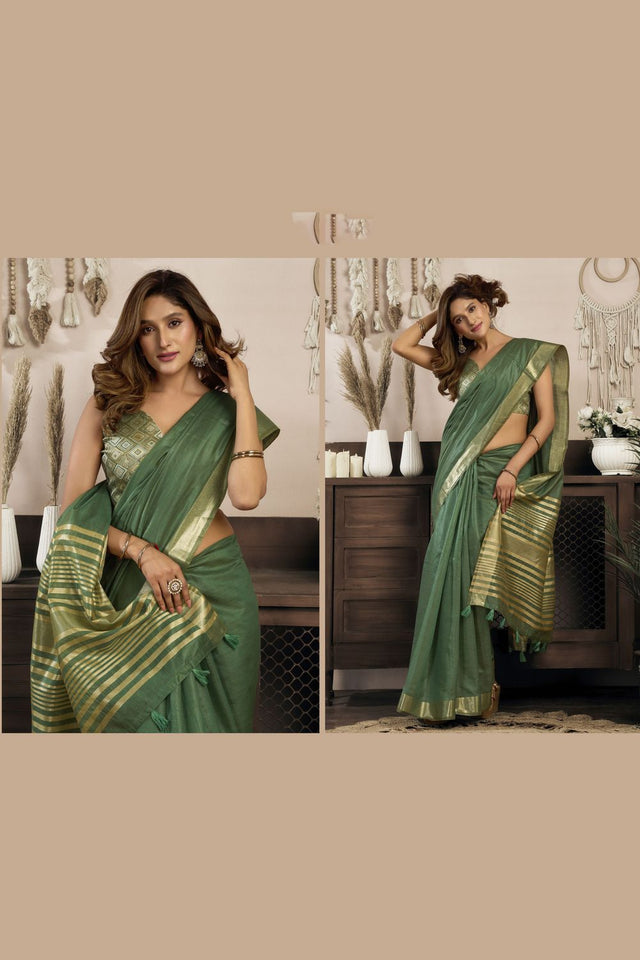 Green Woven Cotton Saree (ACB1951)
