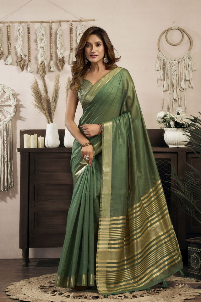 Green Woven Cotton Saree (ACB1951)