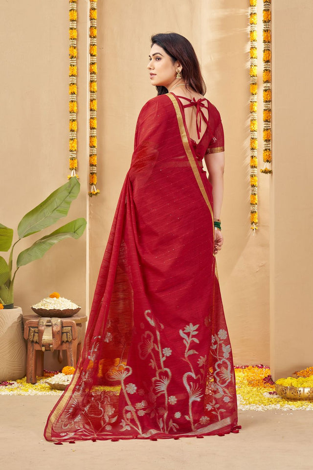 Red Zari Woven Linen Saree (ACB1954)