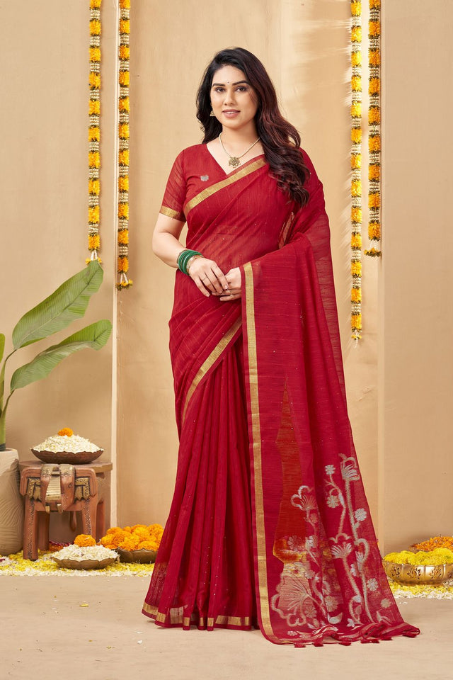 Red Zari Woven Linen Saree (ACB1954)