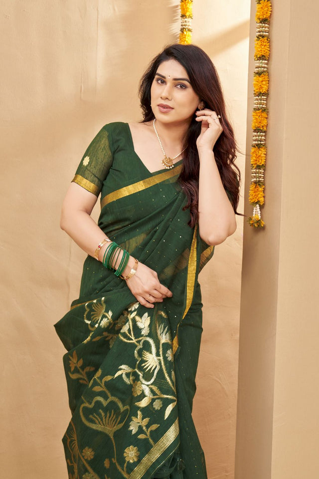 Green Zari Woven Linen Saree (ACB1955)