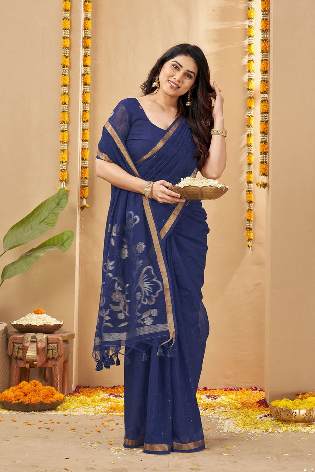 Blue Zari Woven Linen Saree (ACB1959)