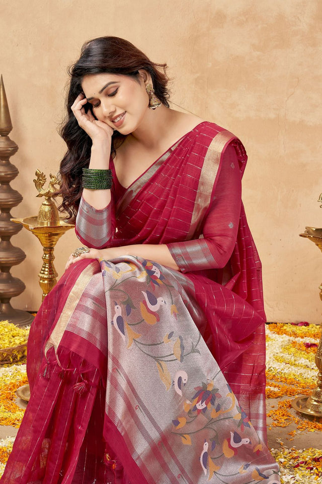 Maroon Zari Woven Tissue Saree (ACB1963)