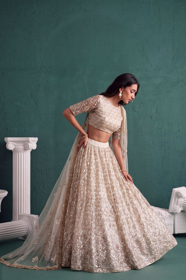 Off White Heavy Embroidered Net Lehenga (ACA1981)
