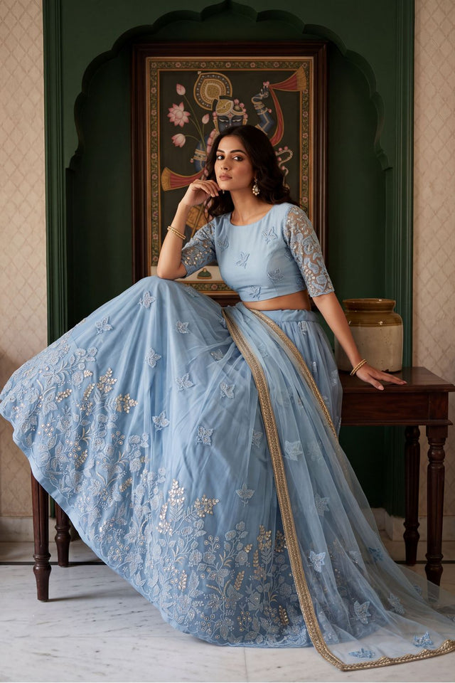 Blue Floral Embroidered Net Lehenga (ACA1982)