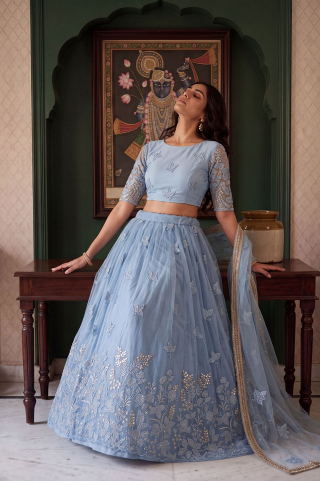 Blue Floral Embroidered Net Lehenga (ACA1982)