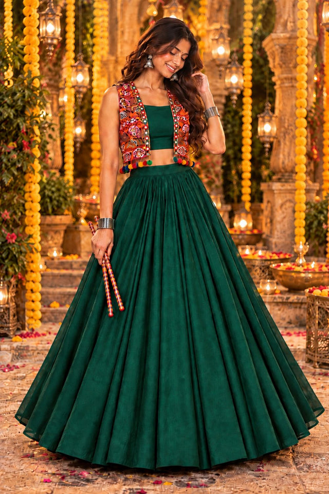 Green Solid Georgette Lehenga (ACB2014)