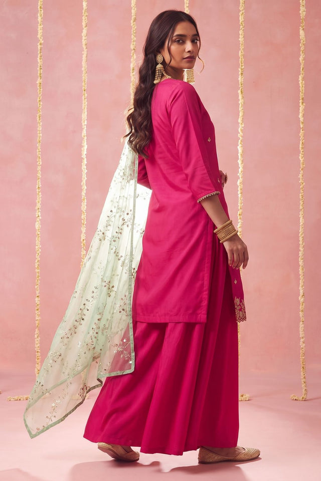 Pink Floral Embroidered Viscose Sharara Suit (ACB2021)