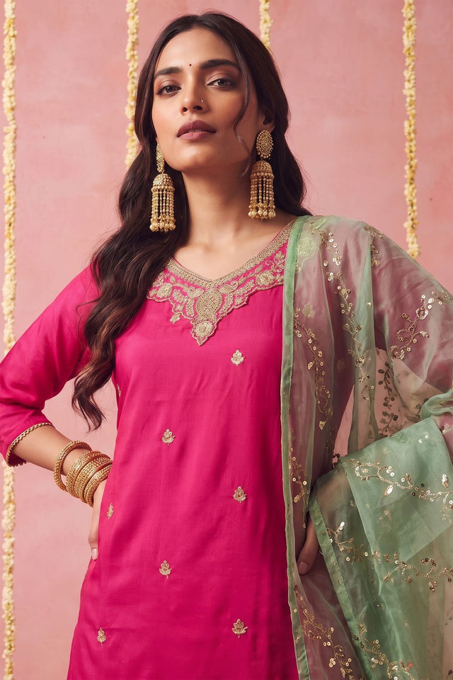 Pink Floral Embroidered Viscose Sharara Suit (ACB2021)