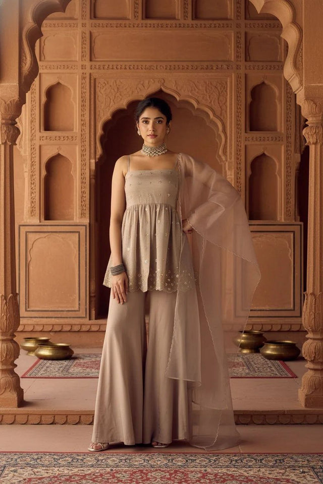 Beige Beads Embossed Organza Sharara Suit (ACB2022)