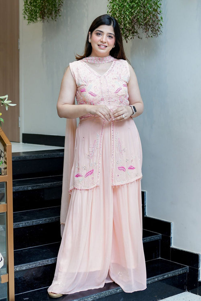 Peach Sequin with Embroidered Georgette Sharara Suit (ACB2023)