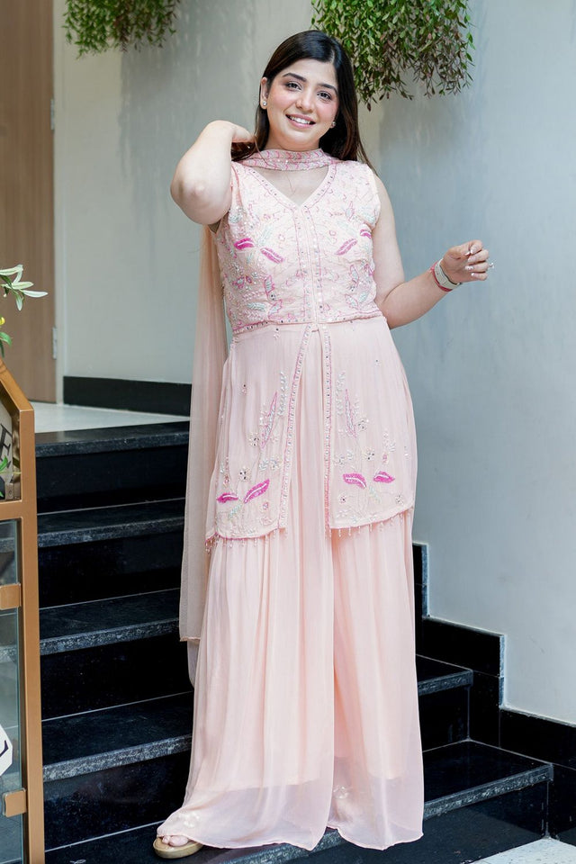 Peach Sequin with Embroidered Georgette Sharara Suit (ACB2023)