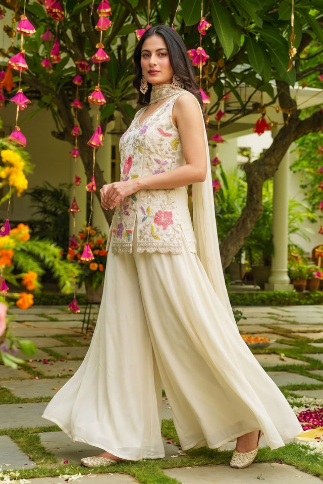 Off White Beads with Floral Embroidered Silk Sharara Suit (ACB2024)