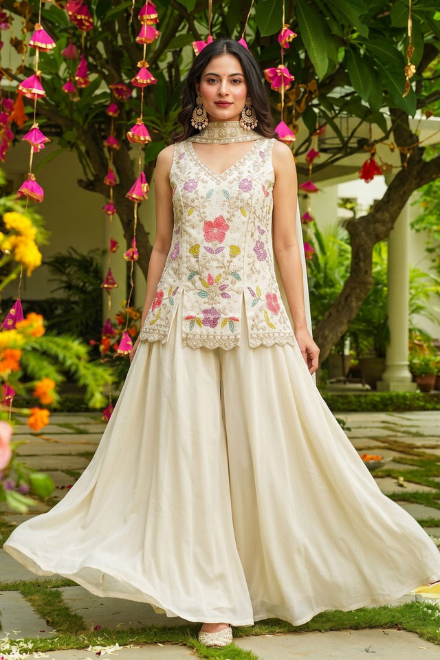 Off White Beads with Floral Embroidered Silk Sharara Suit (ACB2024)
