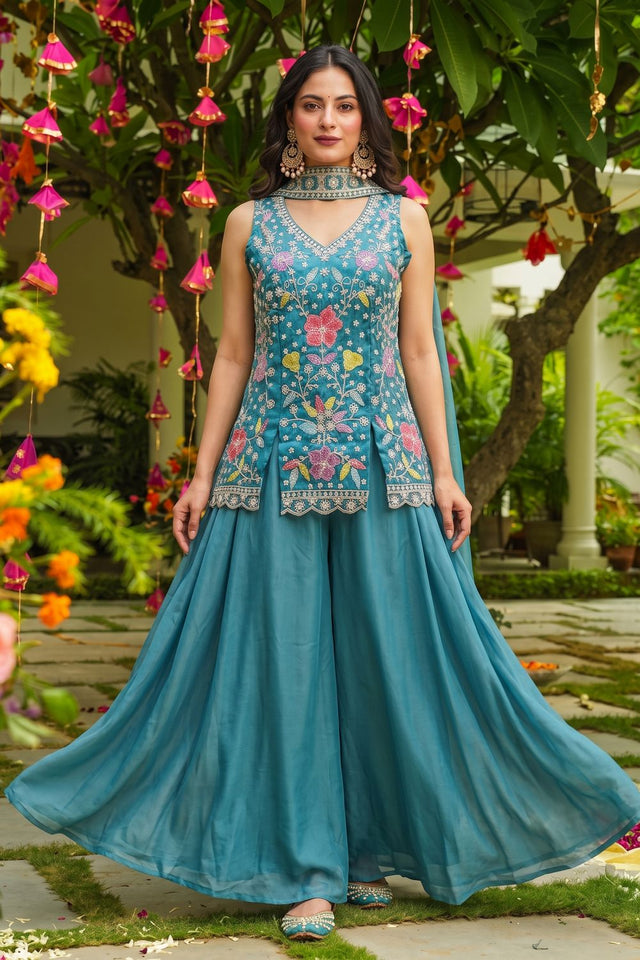Turquoise Beads with Floral Embroidered Silk Sharara Suit (ACB2025)
