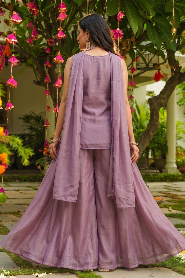 Lavender Beads with Floral Embroidered Silk Sharara Suit (ACB2026)