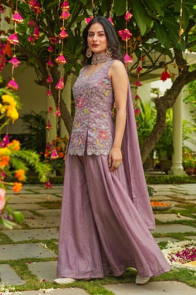 Lavender Beads with Floral Embroidered Silk Sharara Suit (ACB2026)
