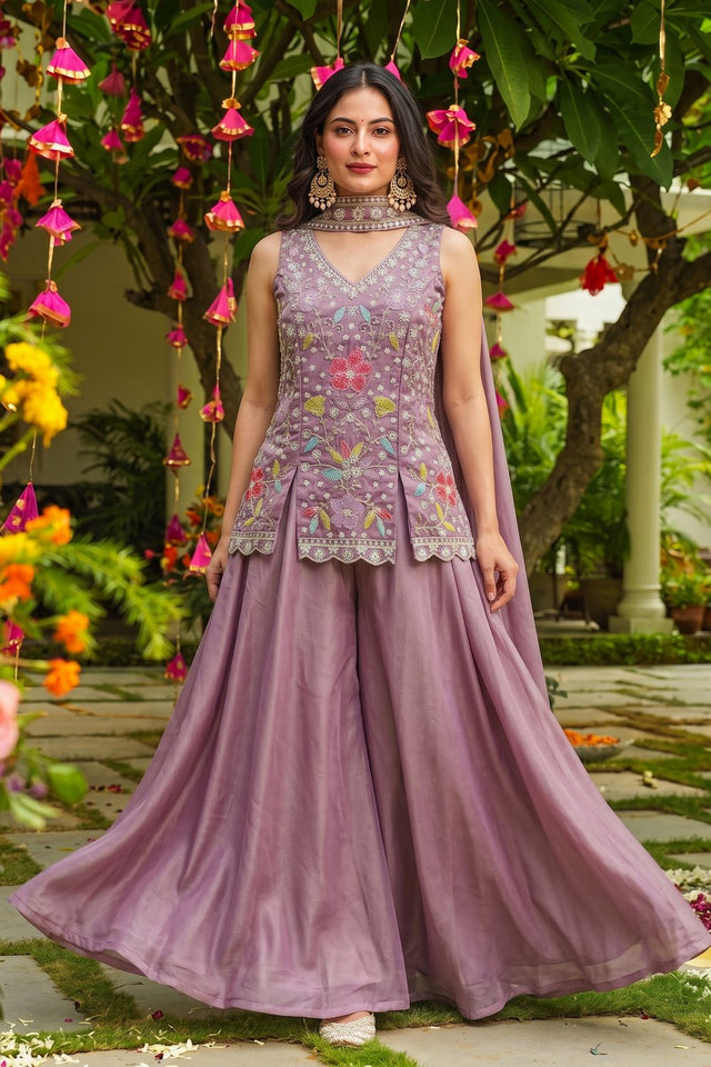 Lavender Beads with Floral Embroidered Silk Sharara Suit (ACB2026)