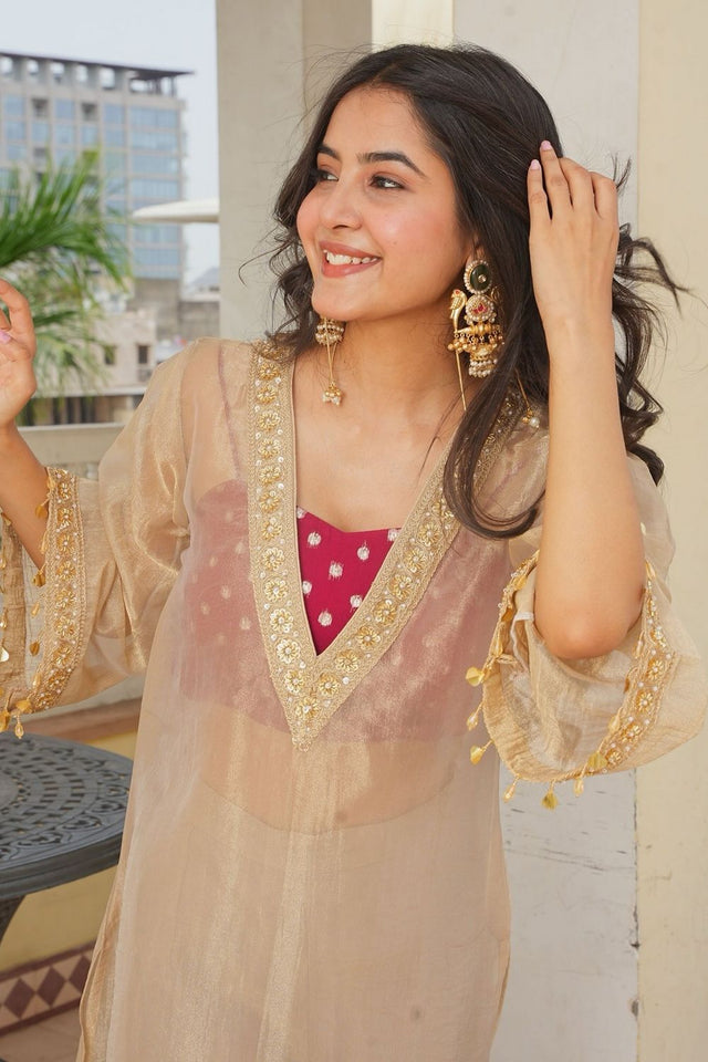 Beige Floral Embroidered Tissue Sharara Suit (ACB2029)