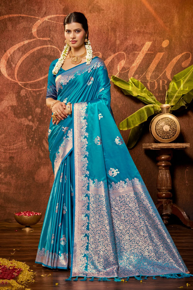 Turquoise Woven Satin Saree (ACB2030)