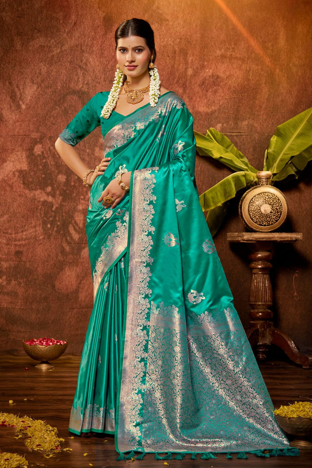 Sea Green Woven Satin Saree (ACB2032)