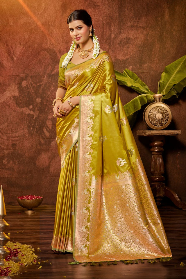 Yellow Woven Satin Saree (ACB2033)