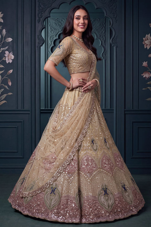Brown Beads Embossed Net Lehenga (ACB2041)