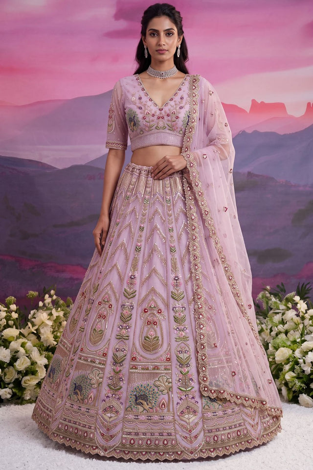 Pink Beads Embossed Net Lehenga (ACB2042)