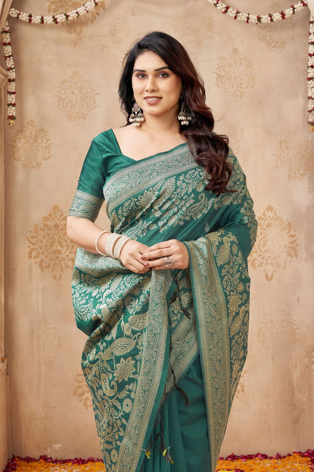 Green Floral Woven Silk Saree (ACB2045)