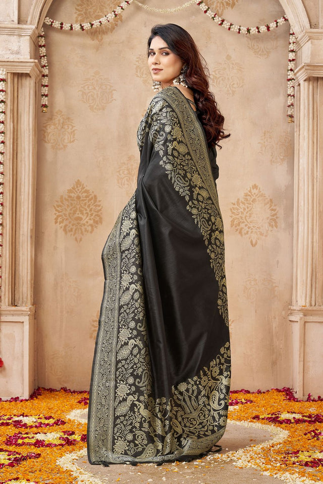 Black Floral Woven Silk Saree (ACB2046)