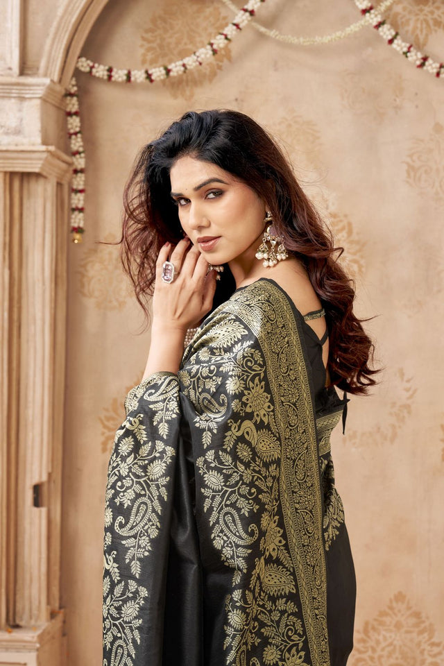 Black Floral Woven Silk Saree (ACB2046)