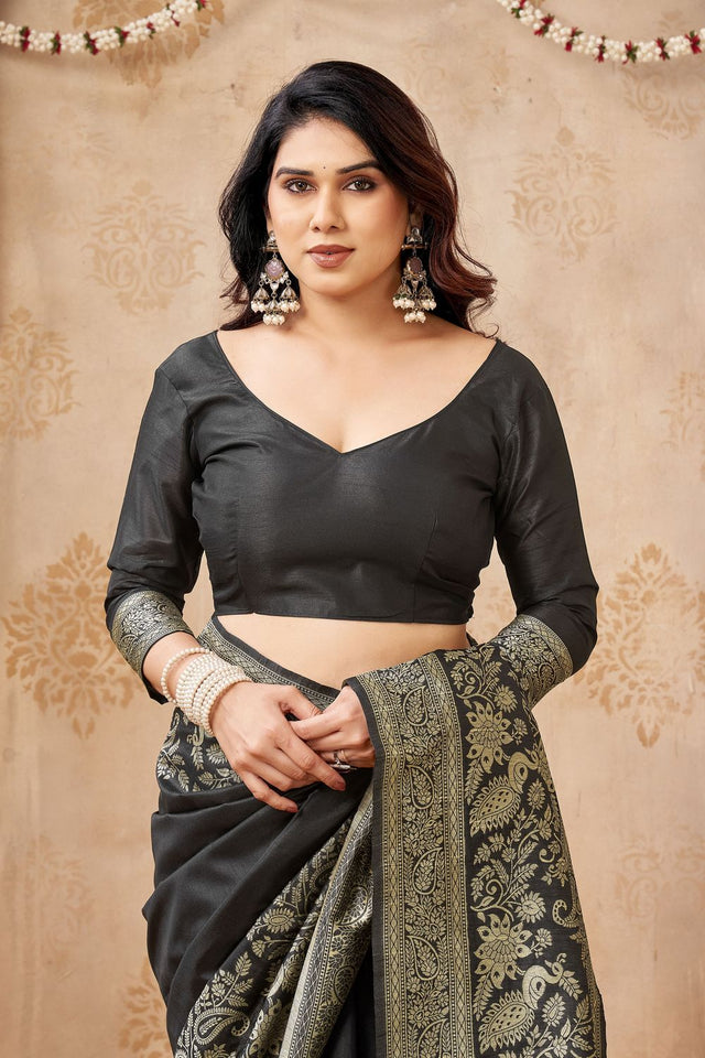 Black Floral Woven Silk Saree (ACB2046)