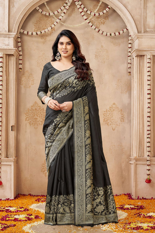 Black Floral Woven Silk Saree (ACB2046)