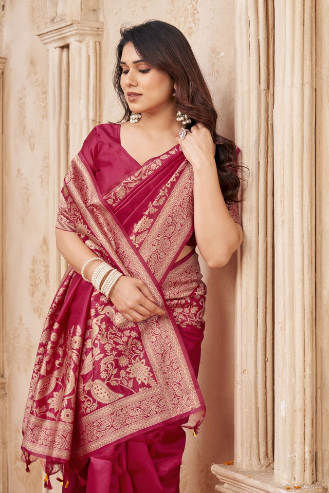 Maroon Floral Woven Silk Saree (ACB2048)